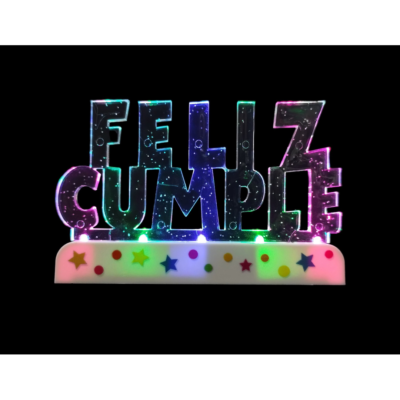 ADORNO TORTA BASE FELIZ CUMPLE ACRILICO LED