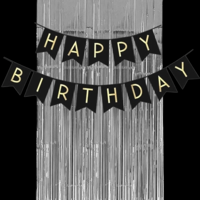 COMBO CUMPLE CORTINA METALIZADA Y BANDERIN