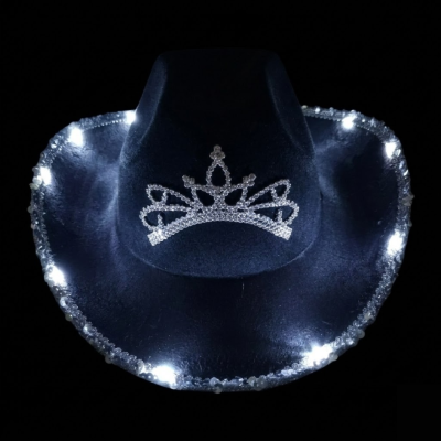 SOMBRERO COWGIRL CORONITA Y BRILLOS LED - NEGRO